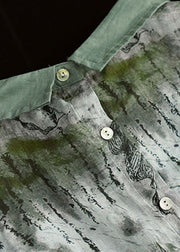 Green Print Linen Shirt Top Tie Dye Half Sleeve