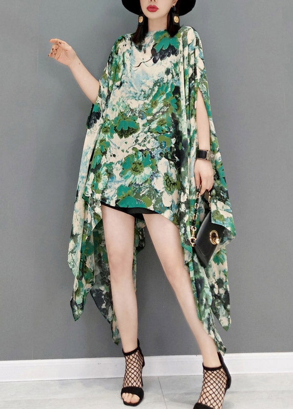 Loses Chiffon-Kleid mit grünem Druck, asymmetrisches Design, Fledermausärmel