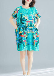 Green Print O-Neck Pockets Summer Short Sleeve Party Dresses - SooLinen