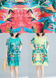 Green Print O-Neck Pockets Summer Short Sleeve Party Dresses - SooLinen
