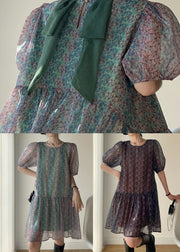 Green Print Patchwork Chiffon Mid Dress O Neck Puff Sleeve