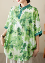 Green Print Patchwork Cotton Shirt Top Peter Pan Collar Summer