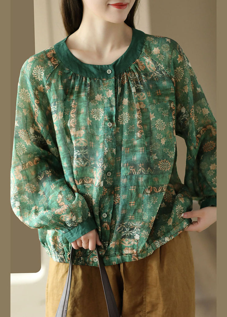 Green Print Patchwork Linen Blouses O Neck Wrinkled Button Spring