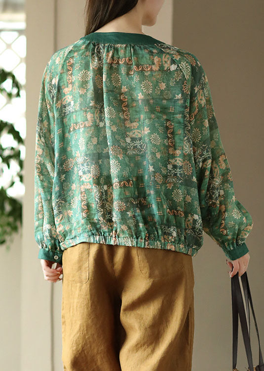 Green Print Patchwork Linen Blouses O Neck Wrinkled Button Spring
