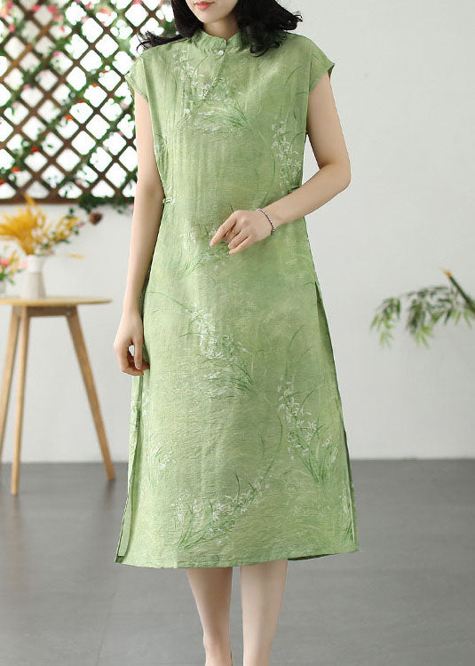 Green Print Patchwork Linen Dress Stand Collar Button Summer