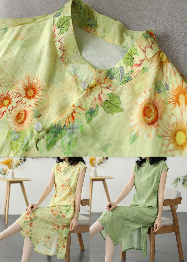 Green Print Patchwork Linen Dress Stand Collar Button Summer