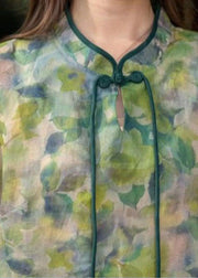 Green Print Patchwork Linen Shirts Dress Stand Collar Bracelet Sleeve