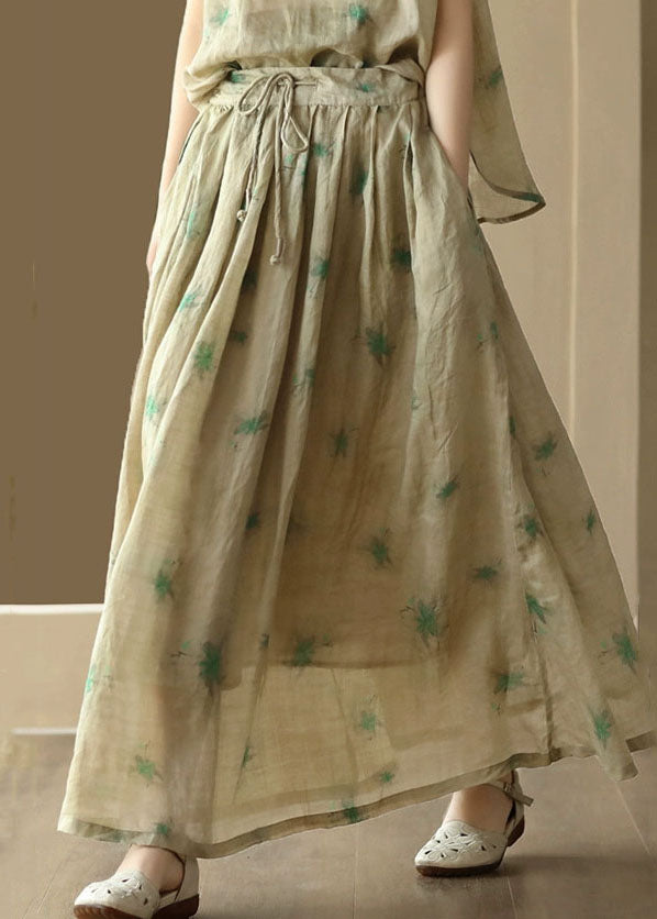 Green Print Patchwork Linen Skirt Wrinkled Tie Waist Summer