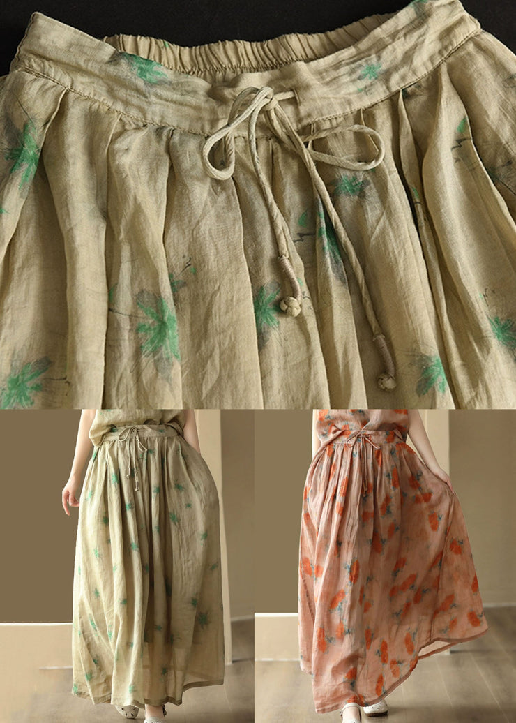 Green Print Patchwork Linen Skirt Wrinkled Tie Waist Summer