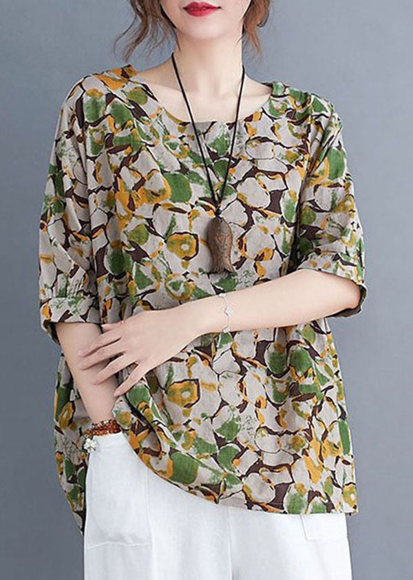 Green Print Patchwork Linen T Shirt O Neck Short Sleeve