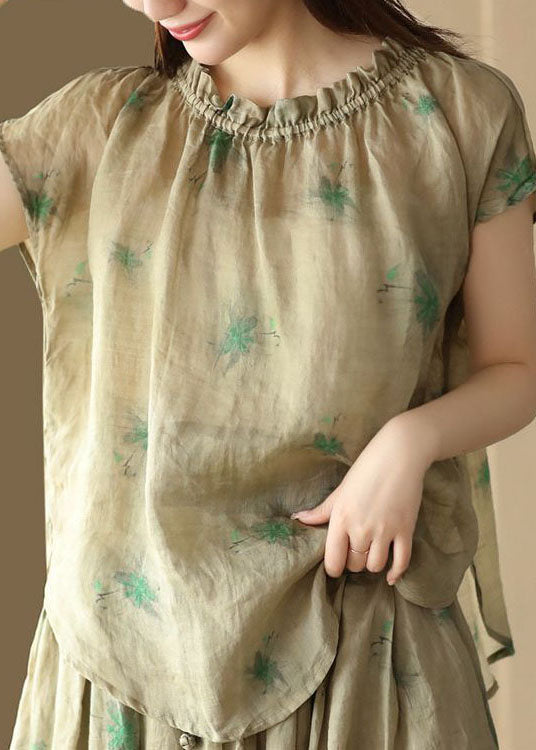 Green Print Patchwork Linen T Shirt Top Ruffled Short Sleeve