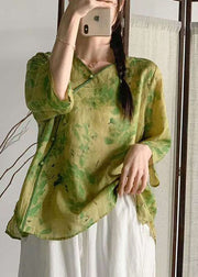 Green Print Patchwork Linen Tops V Neck Chinese Button Summer