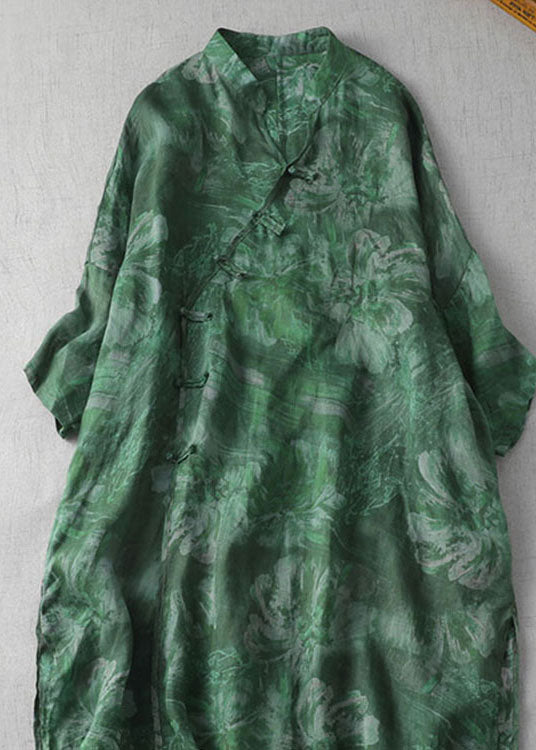 Green Print Patchwork Loose Linen Dresses V Neck Side Open Summer