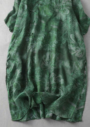 Green Print Patchwork Loose Linen Dresses V Neck Side Open Summer