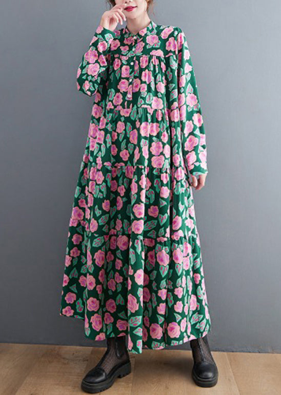 Green Print Patchwork Maxi Dresses Wrinkled Long Sleeve