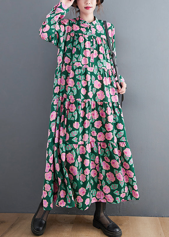 Green Print Patchwork Maxi Dresses Wrinkled Long Sleeve