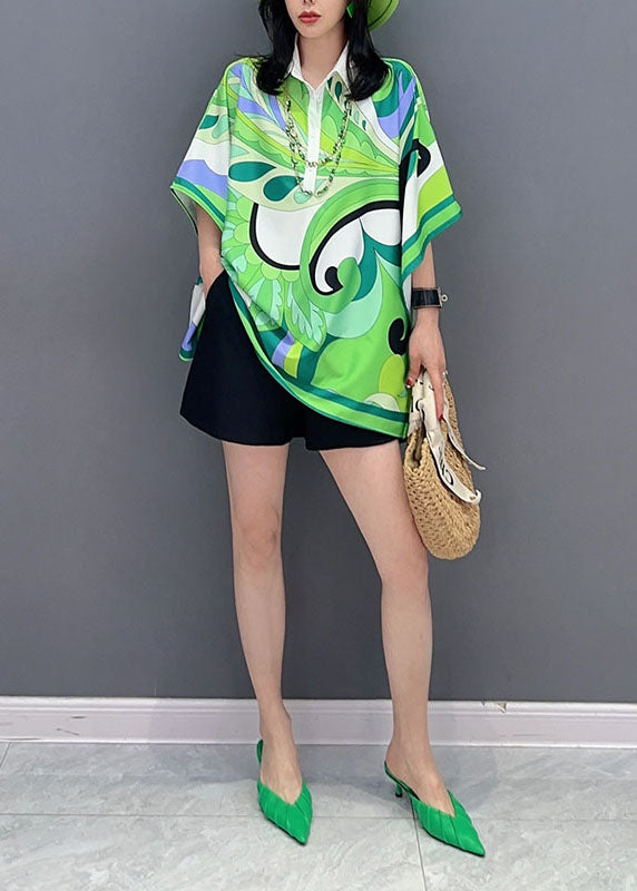 Green Print Patchwork Silk Blouse Tops Peter Pan Collar Summer