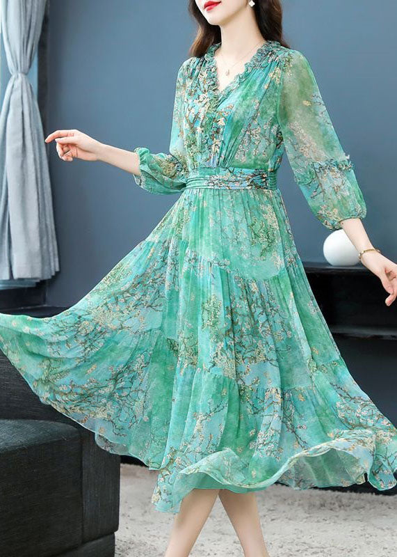 Green Print Patchwork Silk Dress Ruffled Lantern Sleeve