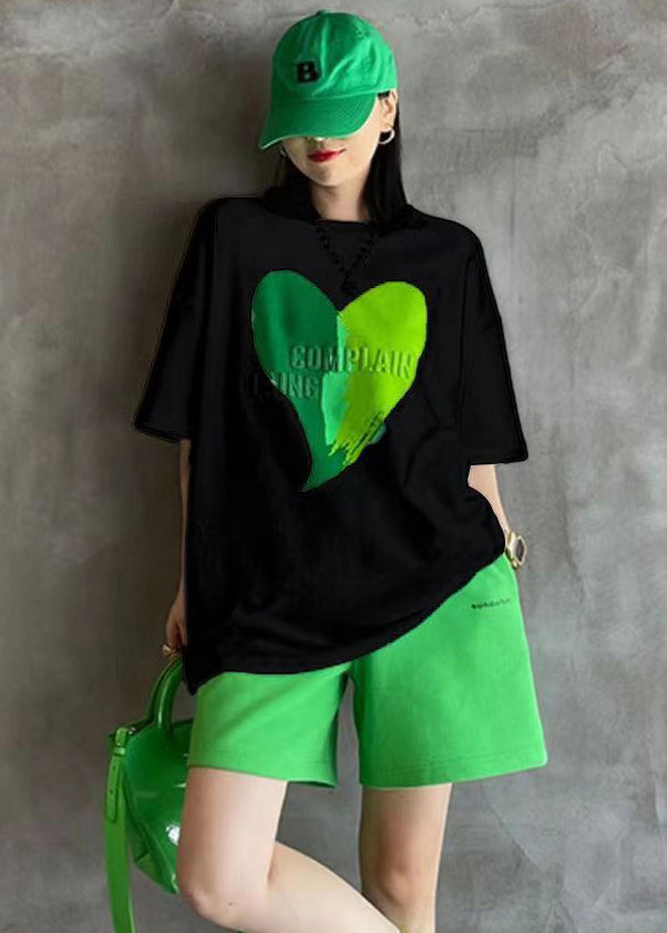 Green Print Patchwork Tops And Shorts Cotton Two-Piece Set O-Neck Short Sleeve