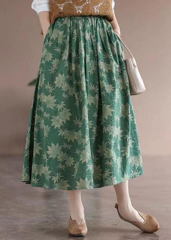 Green Print Pockets Patchwork Cotton Skirts Wrinkled Summer