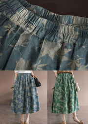 Green Print Pockets Patchwork Cotton Skirts Wrinkled Summer
