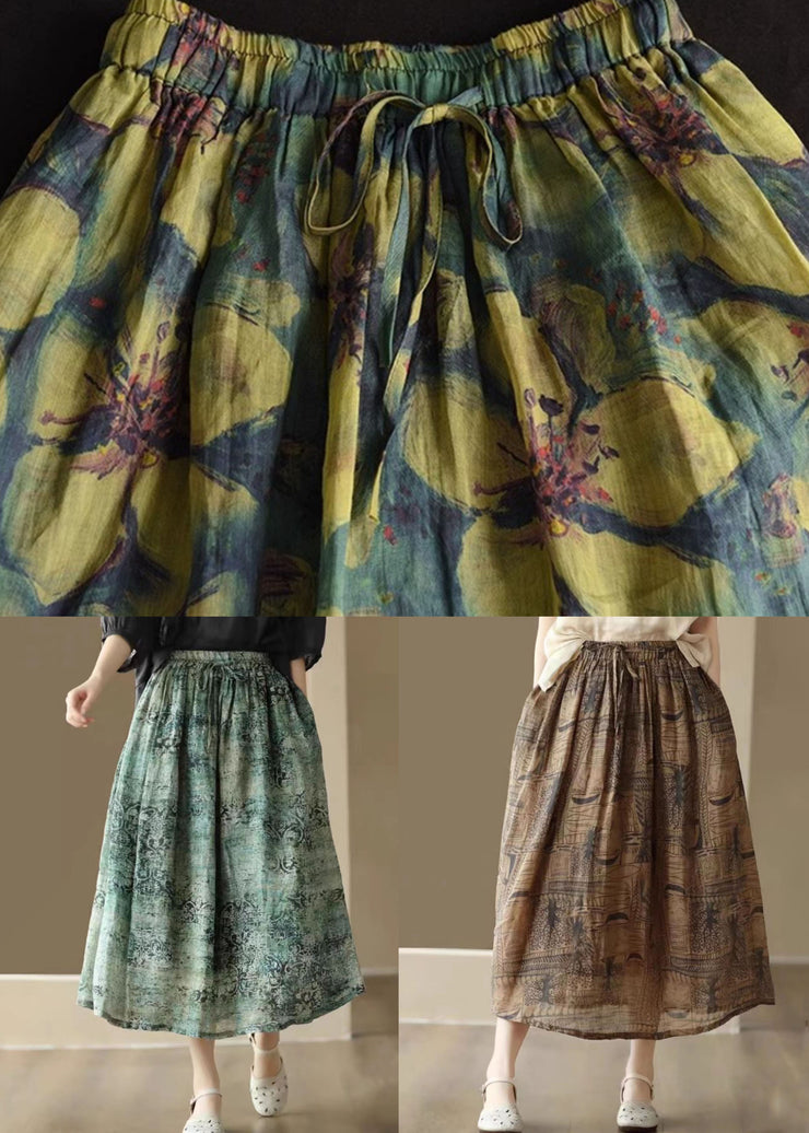 Green Print Pockets Patchwork Linen Skirts Wrinkled Summer