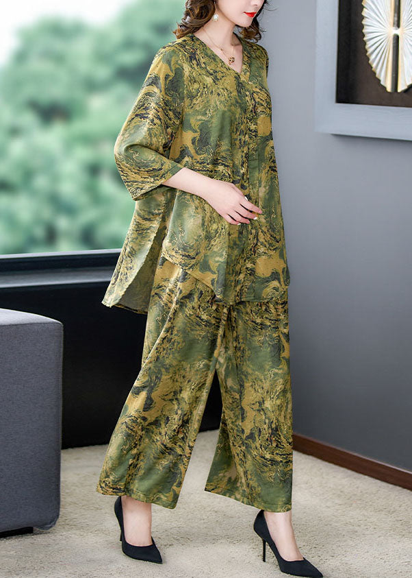 Green Print Pockets Silk Women Sets 2 Pieces Tops And Pants V Neck Summer