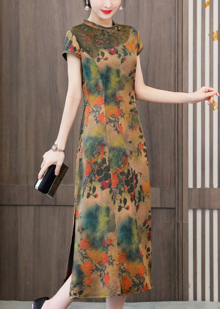 Green Print Silk Cheongsam Dresses Embroidered Slim Fit Summer
