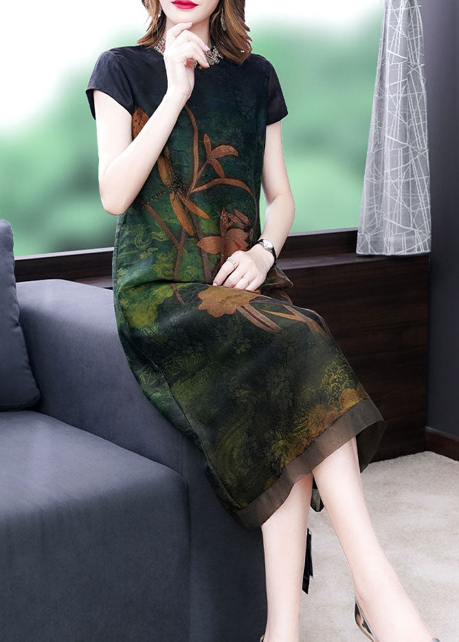 Green Print Silk Dress Embroidered Short Sleeve