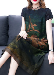 Green Print Silk Dress Embroidered Short Sleeve