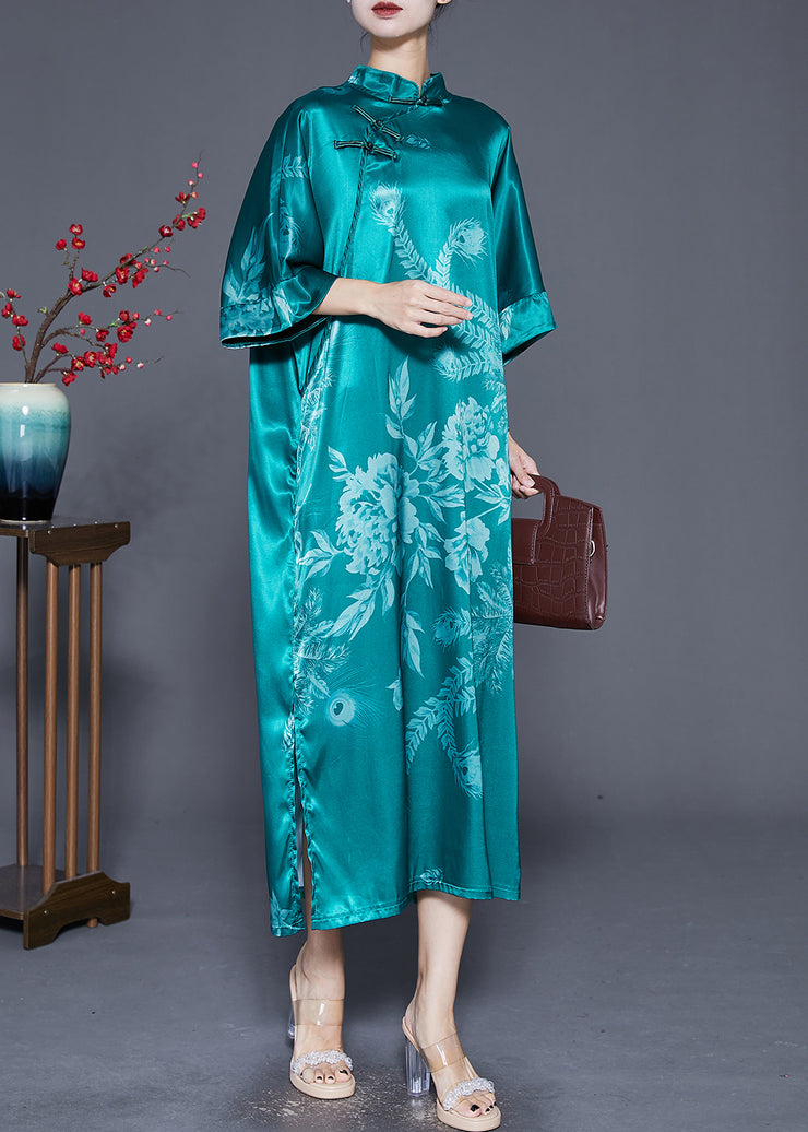Green Print Silk Dresses Chinese Style Chinese Button Summer