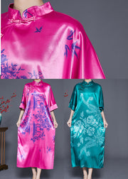 Green Print Silk Dresses Chinese Style Chinese Button Summer