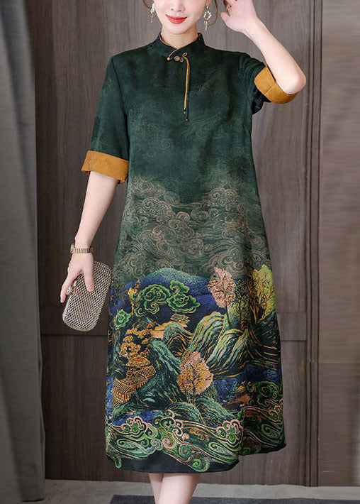 Green Print Silk Long Dress Mandarin Collar Zippered Short Sleeve
