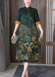 Green Print Silk Long Dress Mandarin Collar Zippered Short Sleeve