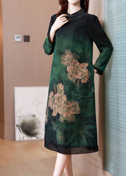Green Print Silk Long Dress Patchwork Stand Collar Spring