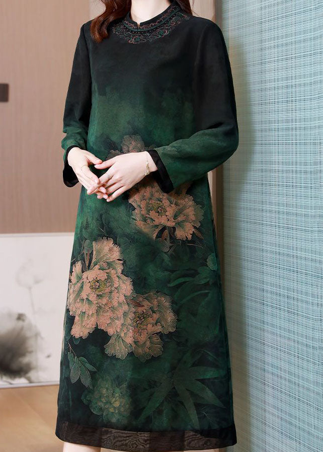 Green Print Silk Long Dress Patchwork Stand Collar Spring