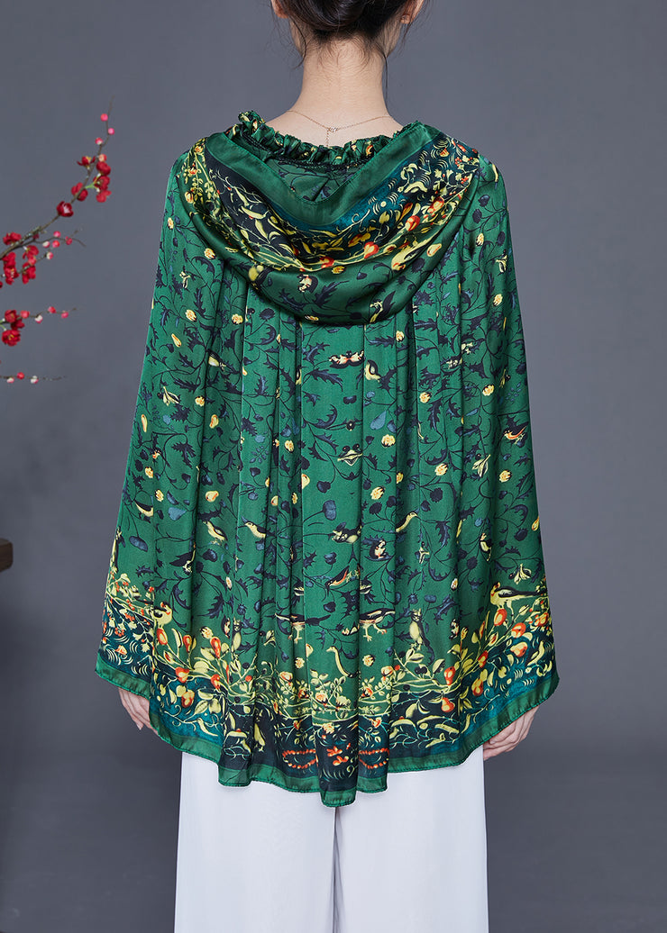 Green Print Silk Shawl Hooded