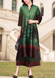 Green Print Silk Two Pieces Set V Neck Side Open Half Sleeve