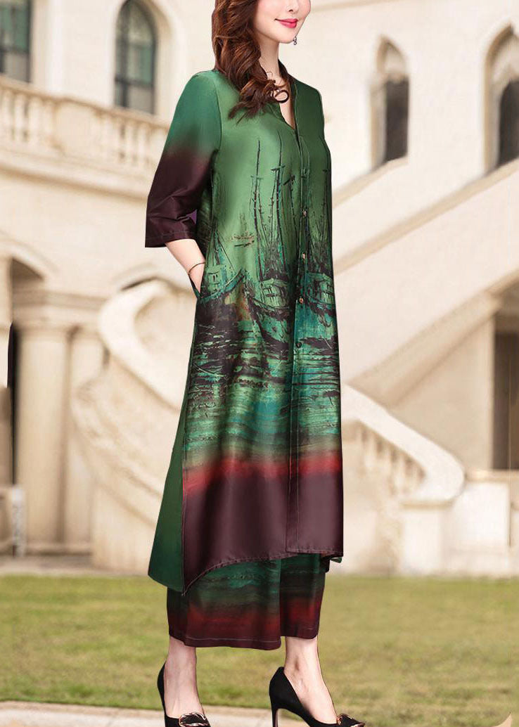 Green Print Silk Two Pieces Set V Neck Side Open Half Sleeve
