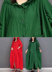 Grünes gekräuseltes Knopf-Low-High-Design-Kleid mit langen Ärmeln