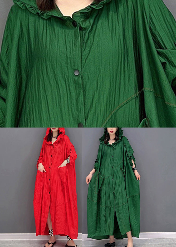 Green Ruffled Button Low High Design Dress Long Sleeve