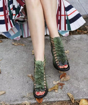 Green Sandals Boots Hollow Out Floral Splicing Chunky Peep Toe