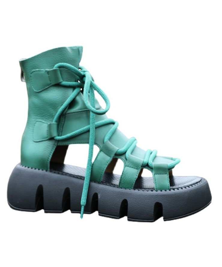 Green Sandals Platform Cowhide Leather Comfy Splicing Lace Up