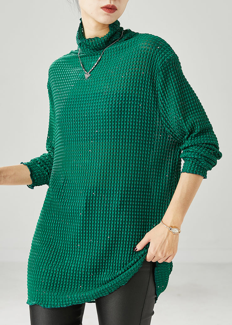 Green Sequins Cotton Shirt Top Turtle Neck Spring