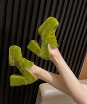 Green Silk Velour Retro Splicing Chunky High Heels