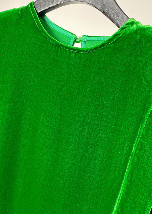 Grüne Seidenvelours-Tops mit Knopfverschluss und langen Ärmeln