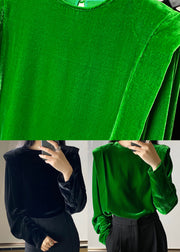 Green Silk Velour Tops button O-Neck Long Sleeve