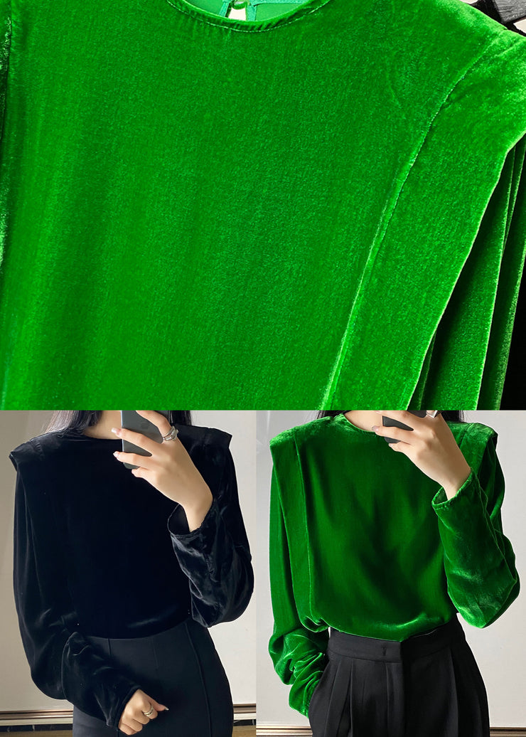 Green Silk Velour Tops button O-Neck Long Sleeve
