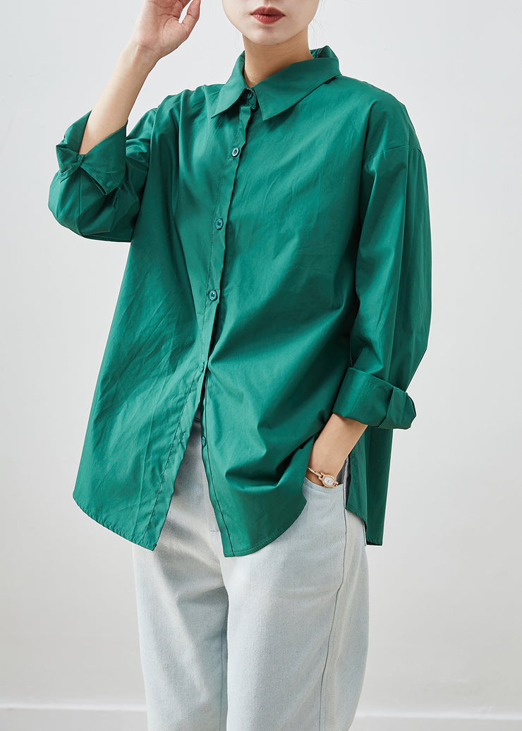 Green Silm Fitn Cotton Shirt Tops Peter Pan Collar Fall