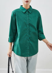 Green Silm Fitn Cotton Shirt Tops Peter Pan Collar Fall